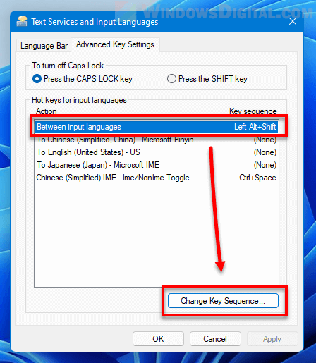 Change shortcut key keyboard language Windows 11