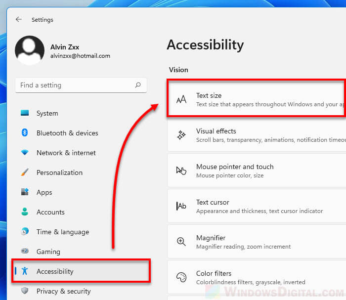 Change text size Windows 11