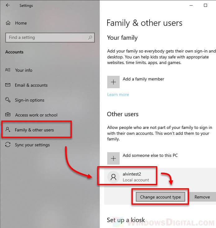 Change user account type to administrator in Windows 10