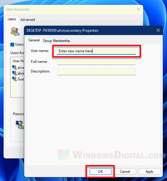 Change user name for local account W‌indows 11