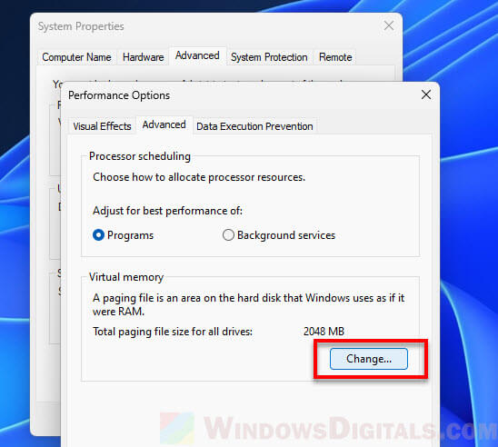 Change virtual memory pagefile to another drive Windows 11