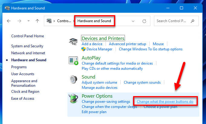 Change what the power buttons do Windows 11