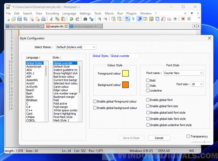 Changing font style in Notepad++