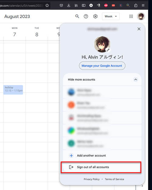 Changing the default calendar by switching Google account