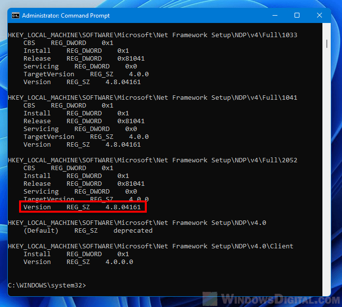 Check .NET Framework version installed command prompt