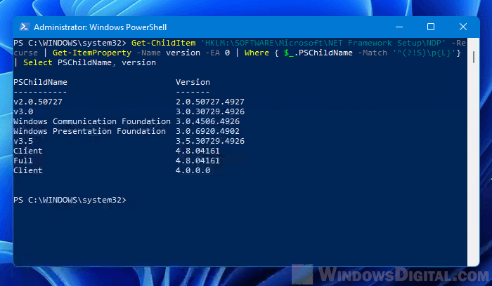 Check .NET Framework version using PowerShell