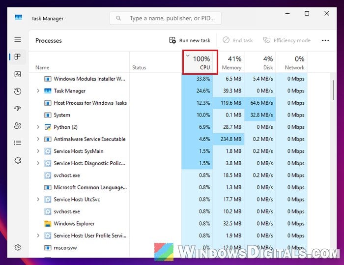Check CPU usage in Task Manager Windows 11
