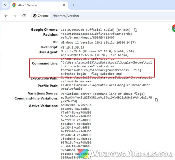 Check Chrome command line in chrome://version