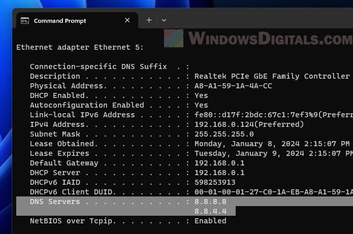 Check DNS Server in Windows 11 CMD