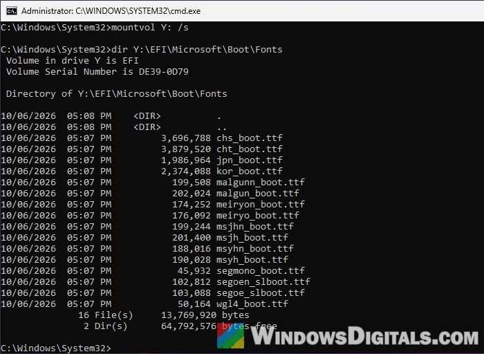 Check EFI partition free space Command Prompt Windows 11