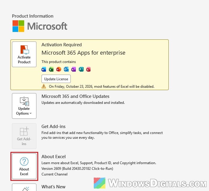 Check Excel version in File Account Windows 11
