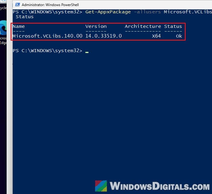 Check Microsoft.VCLibs.140.00 package status PowerShell Windows 11