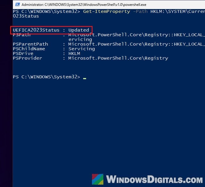 Check UEFICA2023Status Secure Boot certificate PowerShell