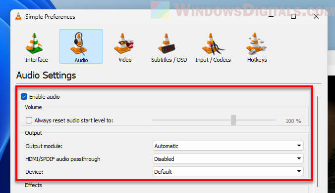 Check VLC audio settings
