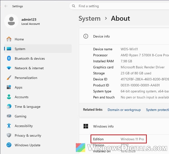 Check Windows 11 edition in About Windows info