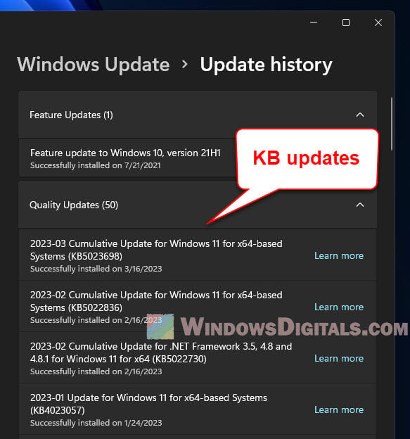 Check Windows Update history using Settings app