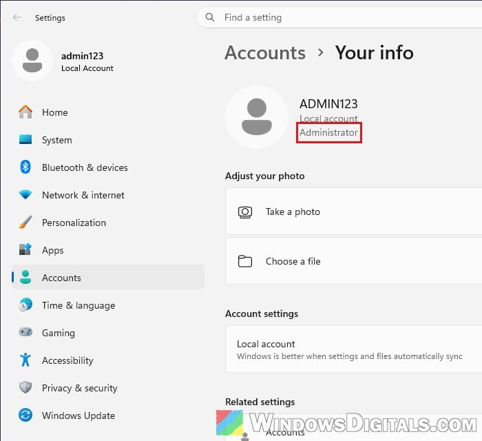 Check administrator account type in Settings Windows 11