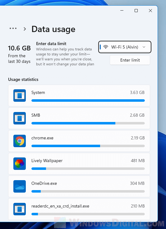 Check app data usage in Windows 11