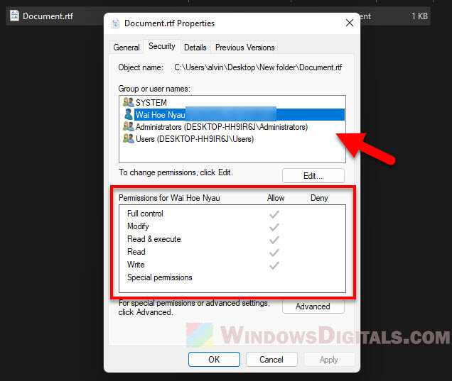 Check files or folders read and write permissions in Windows 11