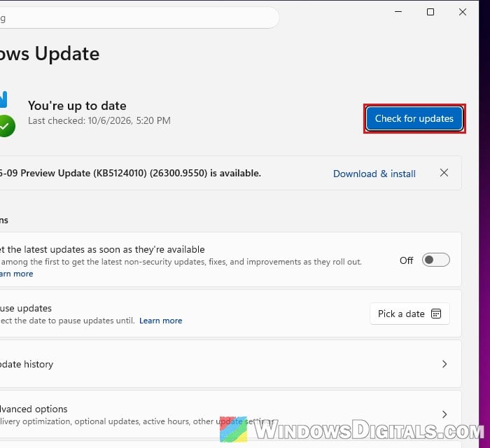 Check for updates Windows Update Windows 11