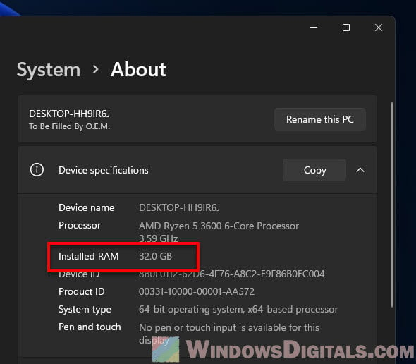 Check how much RAM you have in Windows 11