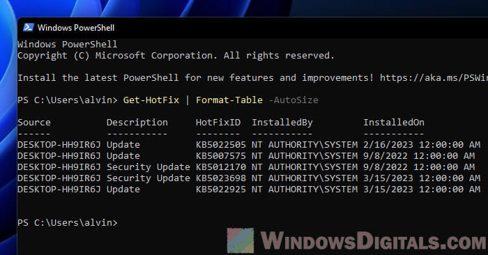 Check if a KB update is installed in Windows 11 using PowerShell