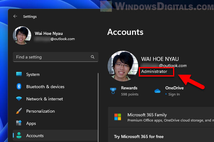 Check if your user account is administrator in Windows 11