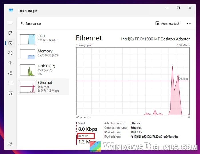 Check network receive speed in Task Manager Windows 11