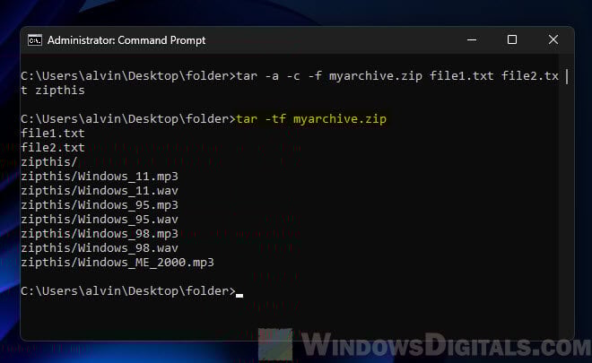 Check tar zip archive files Windows