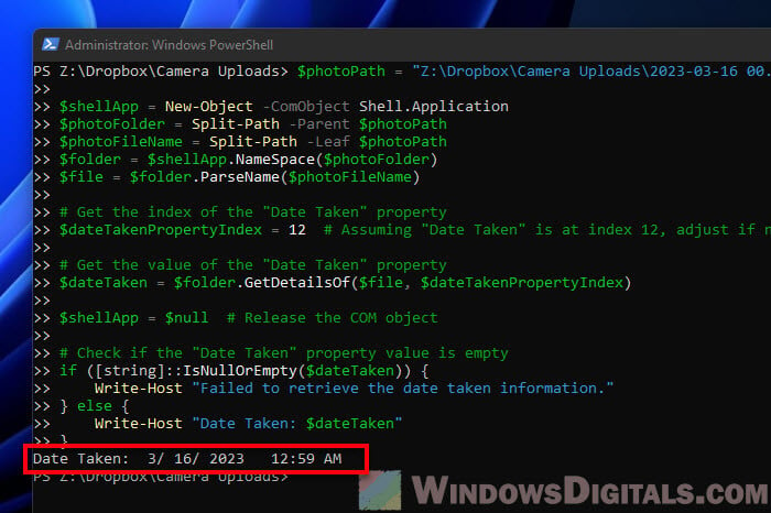Check the date a photo was taken Windows 11 PowerShell