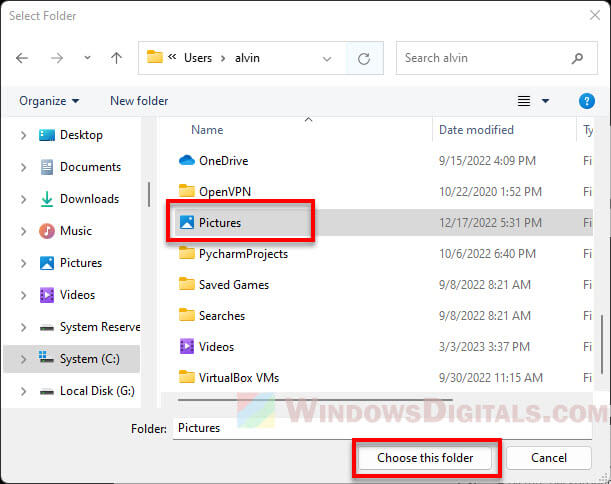 Choose Pictures folder for Lock screen Slideshow