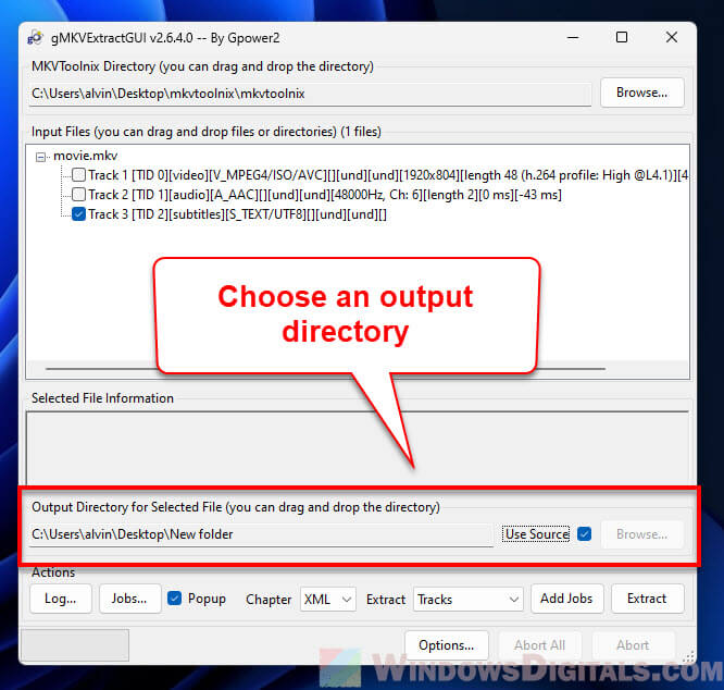 Choose an SRT extract output directory