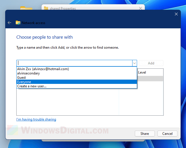 Choose people to share with Everyone Windows 11
