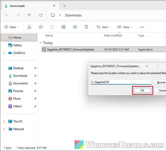 Choose where to extract Sapphire firmware updater files