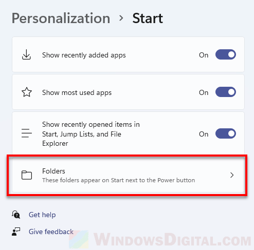 Choose which folders appear on Start next to Power button Windows 11