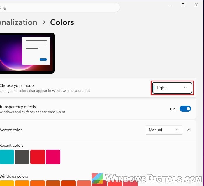 Choose your mode Light in Windows 11 Colors settings