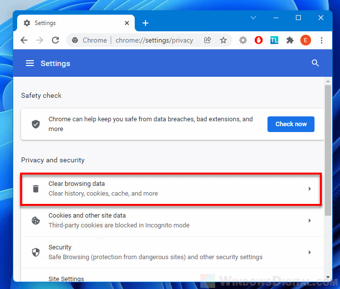 Chrome Clear browsing data