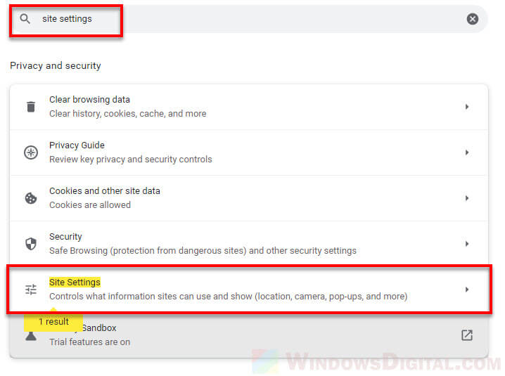 Site Settings in Chrome