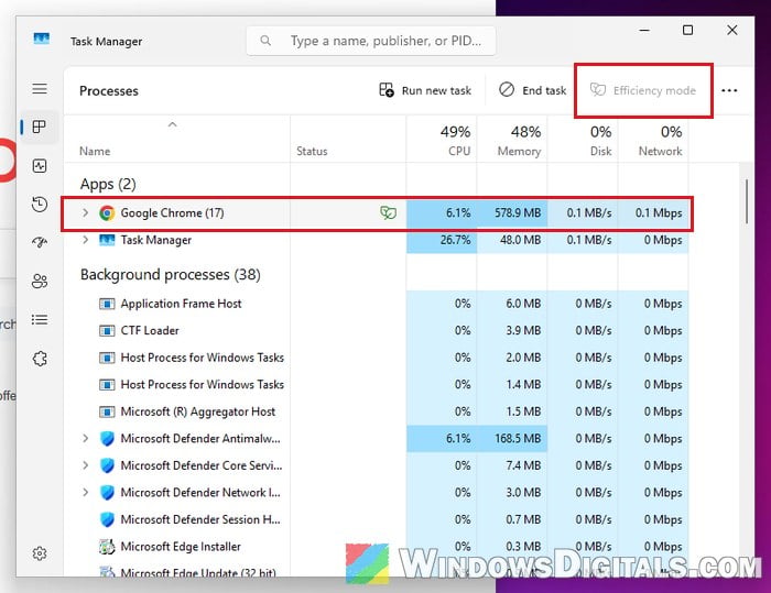 Chrome Efficiency mode greyed out in Task Manager Windows 11