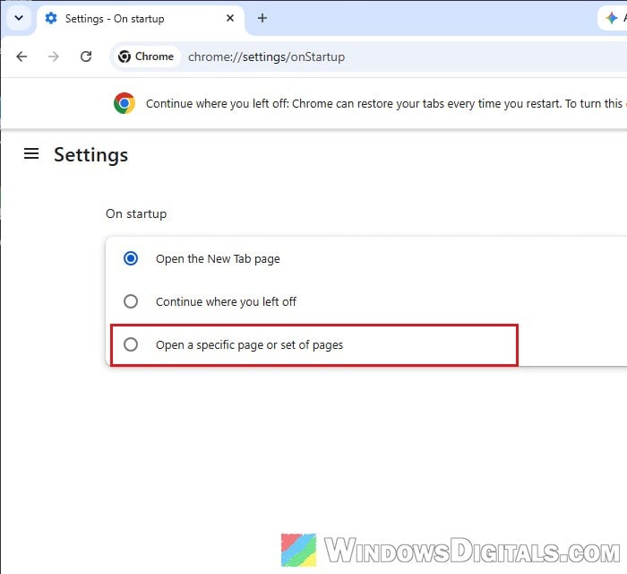 Chrome On startup settings check pages Windows 11