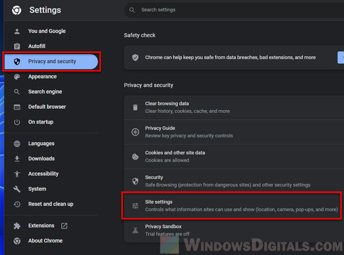 Chrome Site Settings