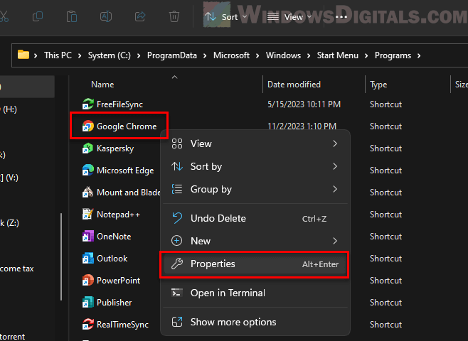 Chrome Start menu shortcut Properties