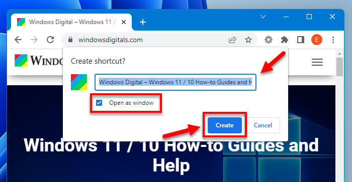 Chrome create website shortcut on desktop Windows 11