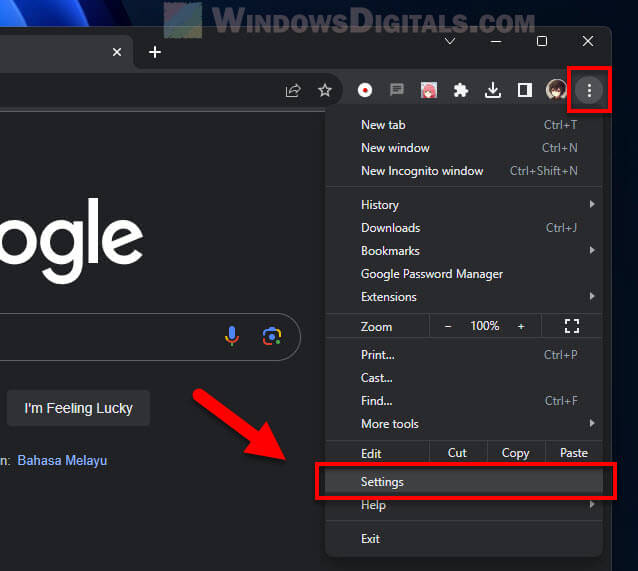 Chrome menu Settings