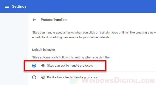 Chrome sites can ask to handle protocols