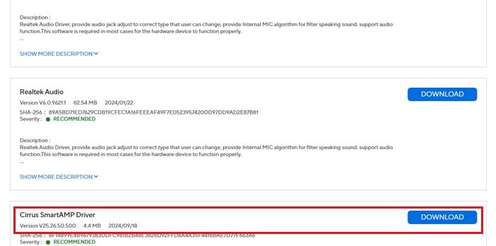 Cirrus SmartAMP Driver download on ASUS support page