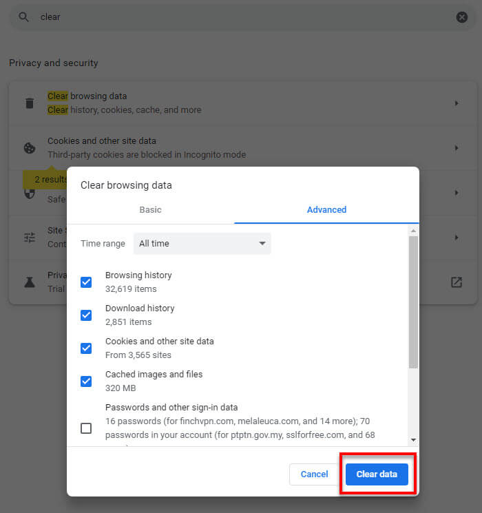 Clear Chrome browsing data