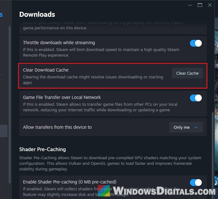 Clear Download Cache in Steam Settings Downloads