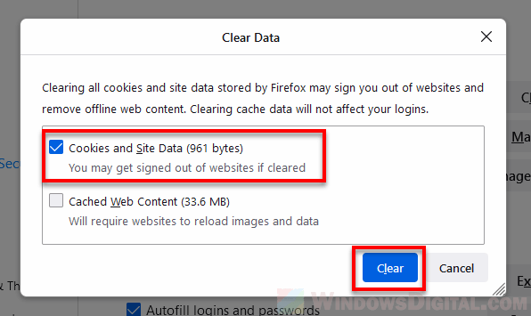 Clear all cookies and site data in Firefox
