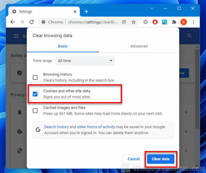 Clear all cookies in Chrome Windows 11